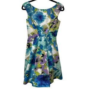 Eliza J Floral Cap Sleeve Pleated Fit Flare Dress Womens Size 2 XS Full Skirt